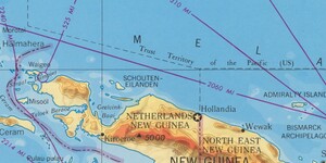 Section of the map showcasing the island of New Guinea. The western half was 'Netherlands New Guinea' while the eastern half was split in two with North East New Guinea to the north and the Australian state of Paupa to the south.