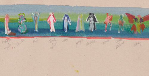 A horizontal strip of costume sketches in crayon.