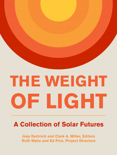 Cover showing a stylized sun created of differently colored rings, over the title "The Weight of Light"