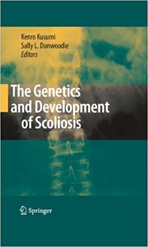 Cover of "The Genetics and Development of Scoliosis" featuring an x-ray image of a spine