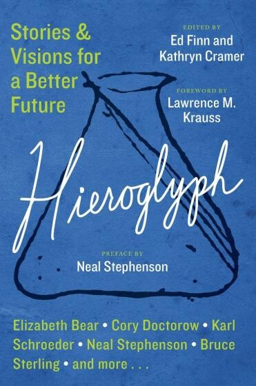 Cover of Hieroglyph book, showing a pen-and-ink drawing of an Erlenmeyer flask against a blue background.