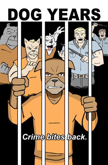 Cartoon image of dog behind bars