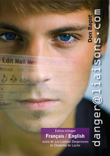 Close up on face of young man with steely blue-eyed stare, transparent image of email message heading superimposed