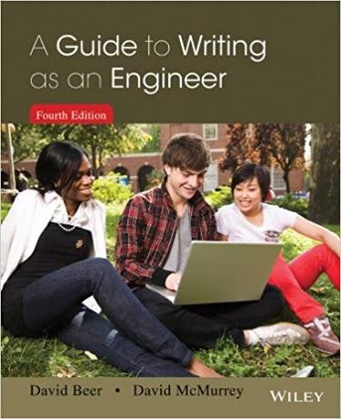 Cover of "A Guide to Writing as an Engineer" featuring an image of three students looking at a laptop on a campus lawn