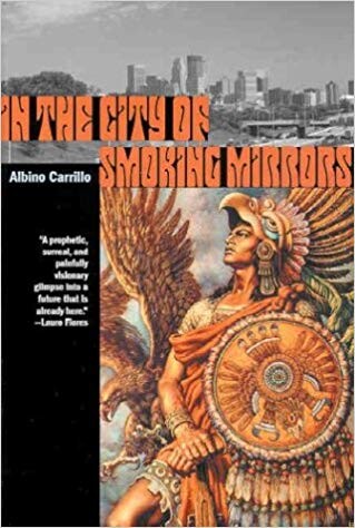 Cover of "In the City of Smoking Mirrors" featuring an illustration of a man and a photo of a city