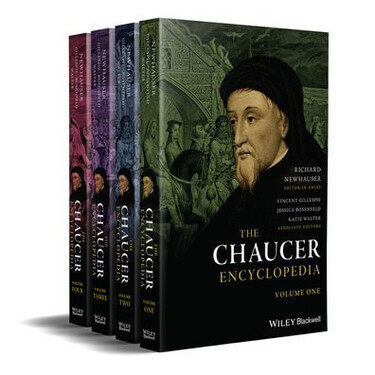 Chaucer on cover with the four volumes