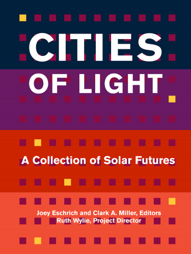 The book cover for Cities of Light, with horizontal bars of dark blue, purple, red, and orange, and an array of small cubes, so the cover looks stylized like the front of a large apartment builiding.