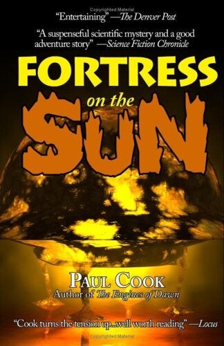 Cover of "Fortress on the Sun" featuring flaming letters and a molten background