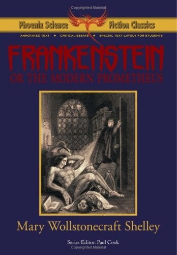Cover of "Frankenstein" featuring Dr. Frankenstein fleeing his monster