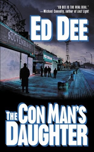 Cover of "The Con Man's Daughter" featuring an illustration of shadowy figures standing around a closed stretch of fair grounds