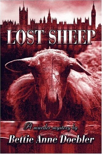 Cover of "Lost Sheep" featuring a red sheep's head with a Victorian building in the background