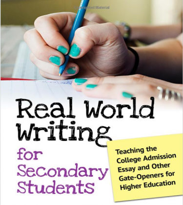 Cover of "Real World Writing for Secondary Students" featuring a young girl's hand writing on notebook paper