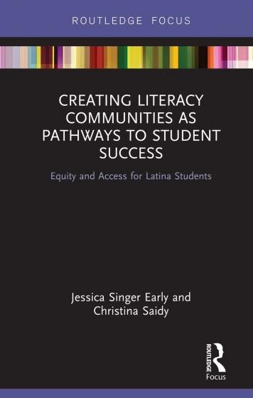 Cover of "Creating Literacy Communities as Pathways to Student Success" by Early and Saidy featuring a black background with color strip at top