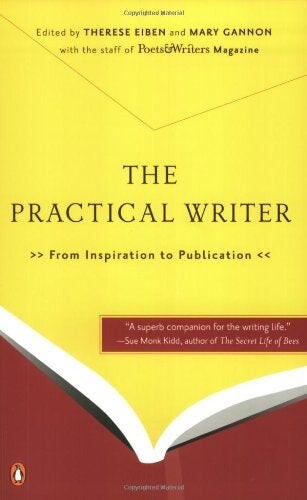 Cover of "The Practical Writer" featuring a red and yellow background divided by an open book