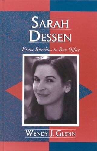 Cover of "Sarah Dessen" featuring a photo of the author on top of a blue and red background