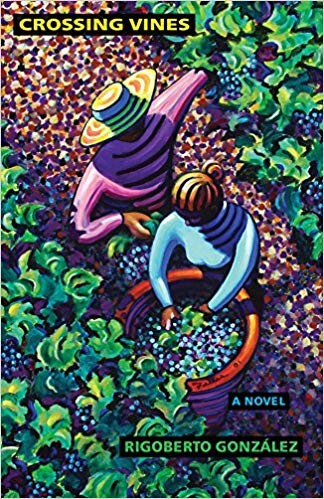 Cover of "Crossing Vines" featuring an illustration of grape-pickers from above