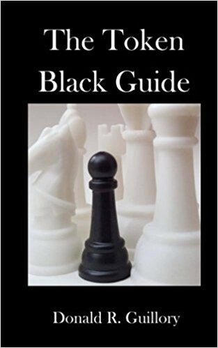 Book cover with chess pieces, black pawn flanked by white knight, bishop, rook, king, queen