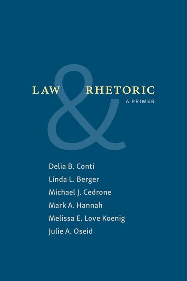 Navy blue cover with title "Law and Rhetoric" outlined in a brighter blue