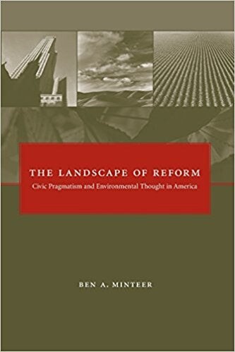 Cover of "The Landscape of Reform" featuring images of buildings, fields, and landscapes on a green background