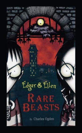 Cover of "Rare Beasts" featuring an illustration of two pale children and a one-eyed creature with a cityscape background