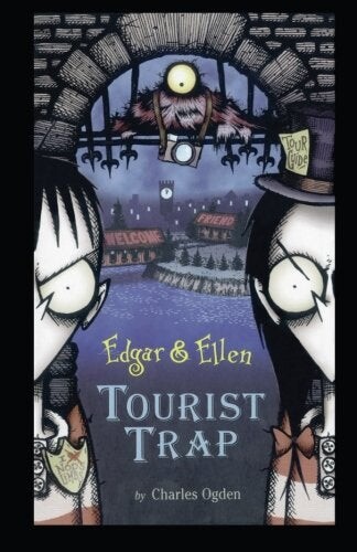 Cover of "Tourist Trap" featuring an illustration of two pale children and a lake with a one-eyed creature