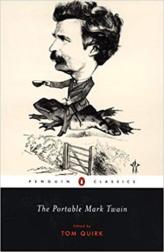 Cover of "The Portable Mark Twain" featuring an illustration of a large-headed Mark Twain riding a frog over a fence