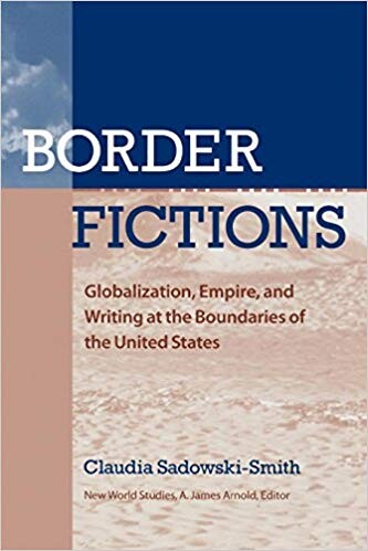 Cover of "Border Fictions" featuring a blue and beige background with images of a landscape