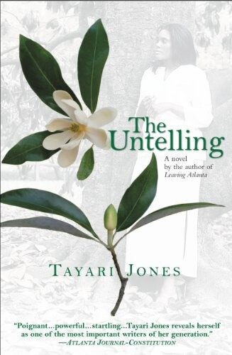 Cover of "The Untelling" featuring an image of a white flower ad bug over an image of a woman by a tree