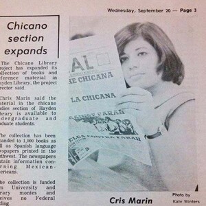 A newspaper clipping from an article about the Chicano collection.