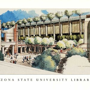 Color drawing of Hayden Library and the underground library entrance.