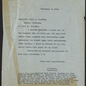 Letter from J. E. Gavin to Louis C. Crampton (w/attached news clipping) re: Sale of Bright Angel Trail