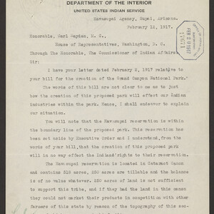 Letter from C. H. Gensler, Havasupai Agency to Carl Hayden