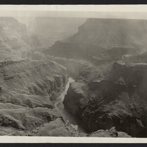 Black and white print of Lees Ferry and the Colorado River canyon.