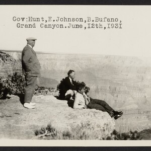 Black and white print with a typescript annotation that reads, "Gov. Hunt, E. Johnson, B. Bufano, Grand Canyon. June, 12th, 1931".