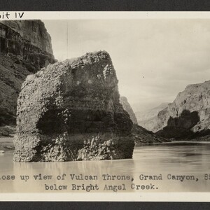 Black and white print with typescript annotation, "Close up view of Vulcan Throne, Grand Canyon, 89 miles below Bright Angel Creek." Handwritten annotation, "Exhibit IV".
