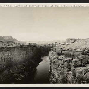 Black and white print with typescript annotation, "Upstream view of the canyon of Colorado River at the bridge site near Lees Ferry, Arizona." Handwritten annotation, "Exhibit I".
