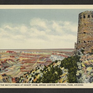 Color postcard titled, "H-4452 The Watchtower at Desert View, Grand Canyon National Park, Arizona".
