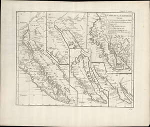 Historic French map showing five versions of California as depicted on various influential maps from 1604-1767