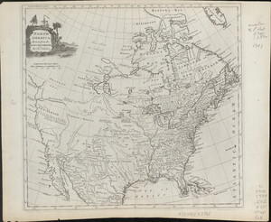 Historic map showing North America as it had been mapped and surveyed by the time of publication, features a highly detailed Atlantic Seaboard and blank space to the Northwest of the continent