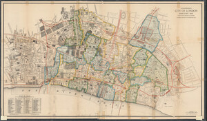 1880s map of London with color-coded wards, rail lines, and multiple landmarks and significant buildings