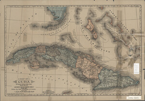 Historic map of Cuba depicting provinces, railroads, cities, towns, harbors and nearby landforms