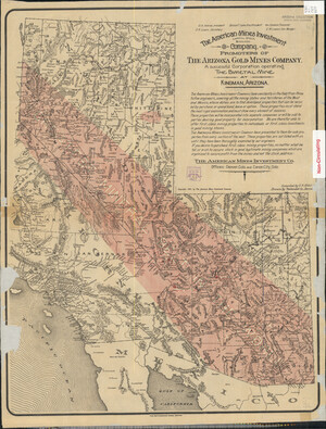 The 1907 Great Mineral Belt in the World, with three southwestern states (Arizona, California, Nevada) and a large block of text in the upper right hand corner advertising investment opportunities in mining.
