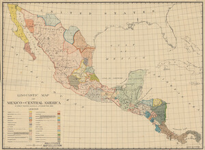Map of Mexico and Central American nations featuring color-coded regions denoting speakers of different Indigenous languages