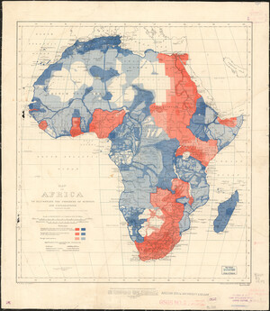 Map showing the African continent with red and blue shading to denote different topographic surveys, includes several unshaded/unsurveyed regions in Sahara Desert, Kalahari Desert, and Central Africa