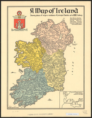 A map of Ireland, showing the 32 counties, the 4 provinces and principal family names.  Our map of the month for August 2024, A Map of Ireland Showing places of origin and principal families up to the XVIII Century, published in 1930, depicts the place of origin for many common Irish surnames. 