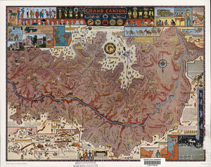 Illustrated map of the Grand Canyon showing canyon detail, tourist attractions, Native American cultural icons of Northern Arizona, and various related comics