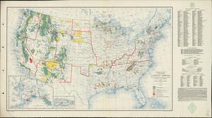 Map of the U.S. from 1934 showing the current status of National Parks in red, National and State forests in green, and reservations in yellow. 