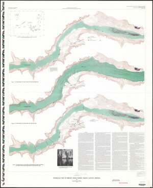 A map of one of the rapids, the Bright Angel Rapids, with three different visualizations for flow rates. The central representation is the most extreme, with a majority of the canyon floor being covered by flowing water. The top is minimal flow, while the bottom is average.
