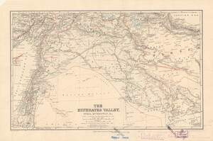 Map of the Euphrates Valley in the early 1900s while it was a part of the Ottoman Empire. Turkish territory has a slight green tint. Administrative entities (vilayets) are denoted with red borders.