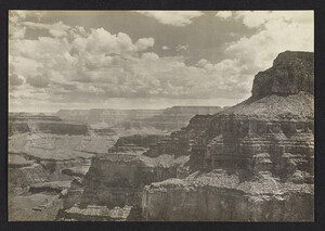 Black and white photo of the Grand Canyon.